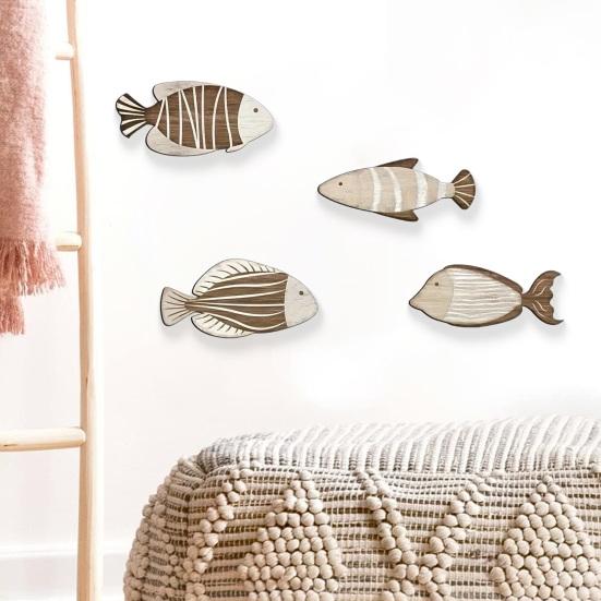 4 Pcs Wood Fish Wall Decor Vintage Nautical Beach Wall Art Coastal Wooden Hanging Sculpture for Lake House Ocean Bathroom Bedroom Home Decor