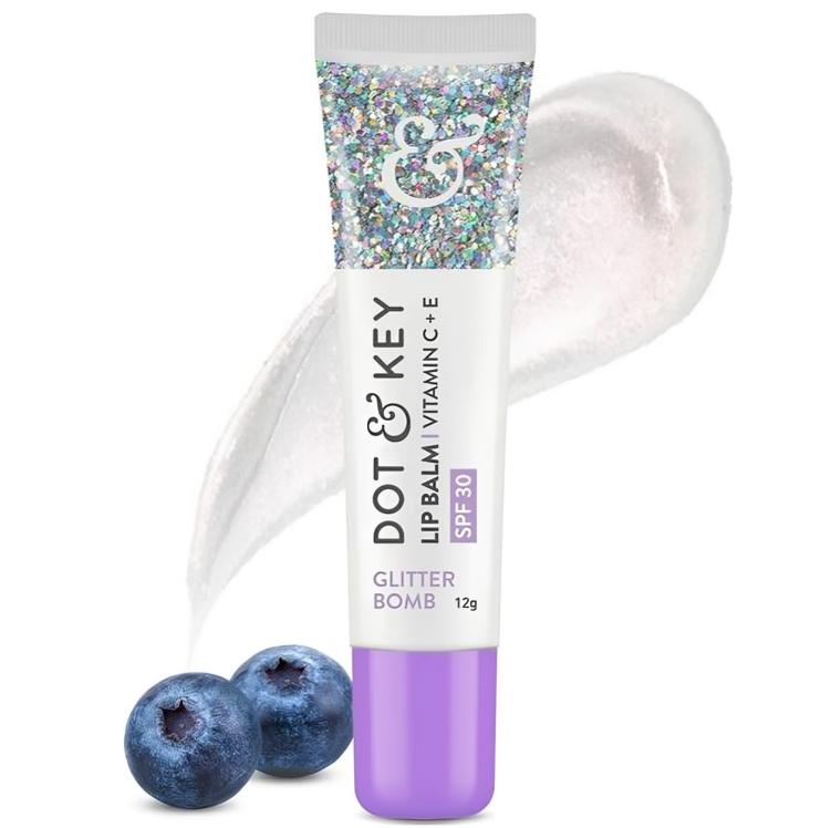 DOT & KEY Balzám na rty Vitamín C + E SPF 30 +, Lesk na rty s třpytkami bez nepořádku, Lesklé a plné hydratované rty, 12 g
