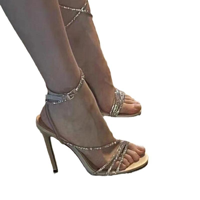 Heel sandals 2025 summer socialite champagne Roman shoes open-toed high heels one-word buckle night show hate sky high