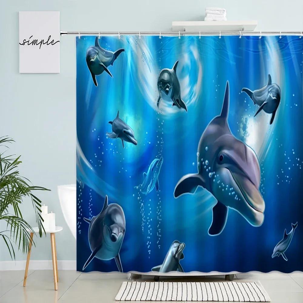 Funny Dolphin Shower Curtains Sunset Ocean Animals Tropical Fish Coral Children Bathroom Decor Polyester Bath Curtain with Hooks