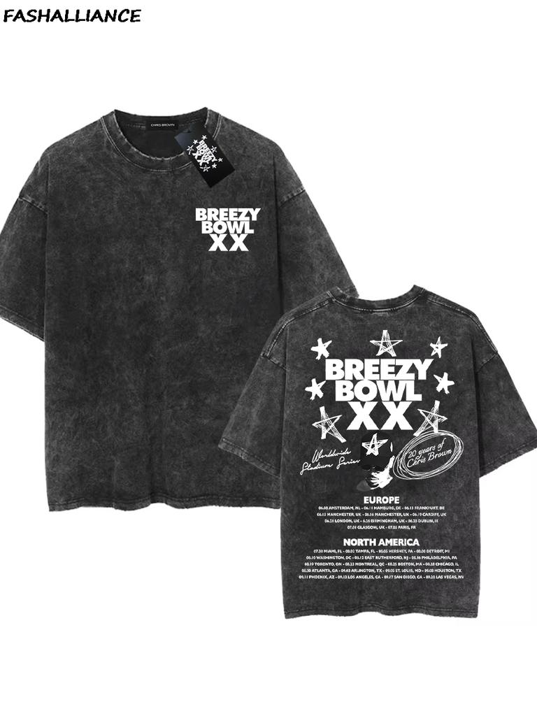 Chris Brown Tag Tshirt Breezy Bowl XX Tour Oversized T shirt Washed Vintage Cotton Hiphop Streetwear CB