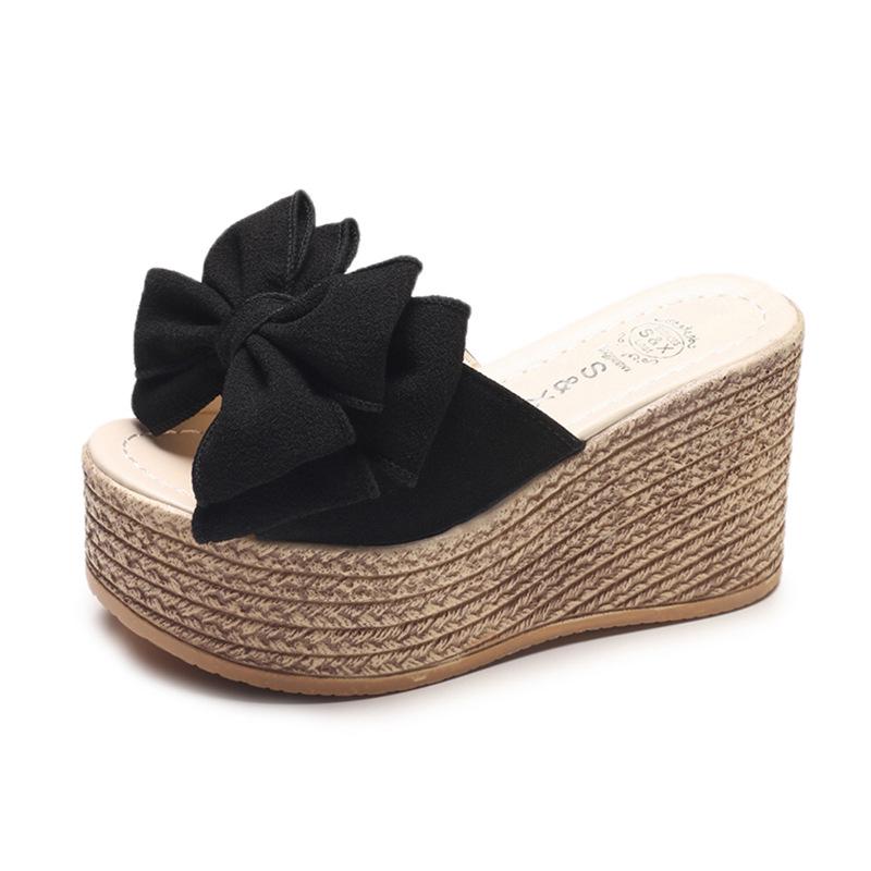 Slope heel sandals women's summer new bow one-word cool slippers women wear high-heeled beach slippers