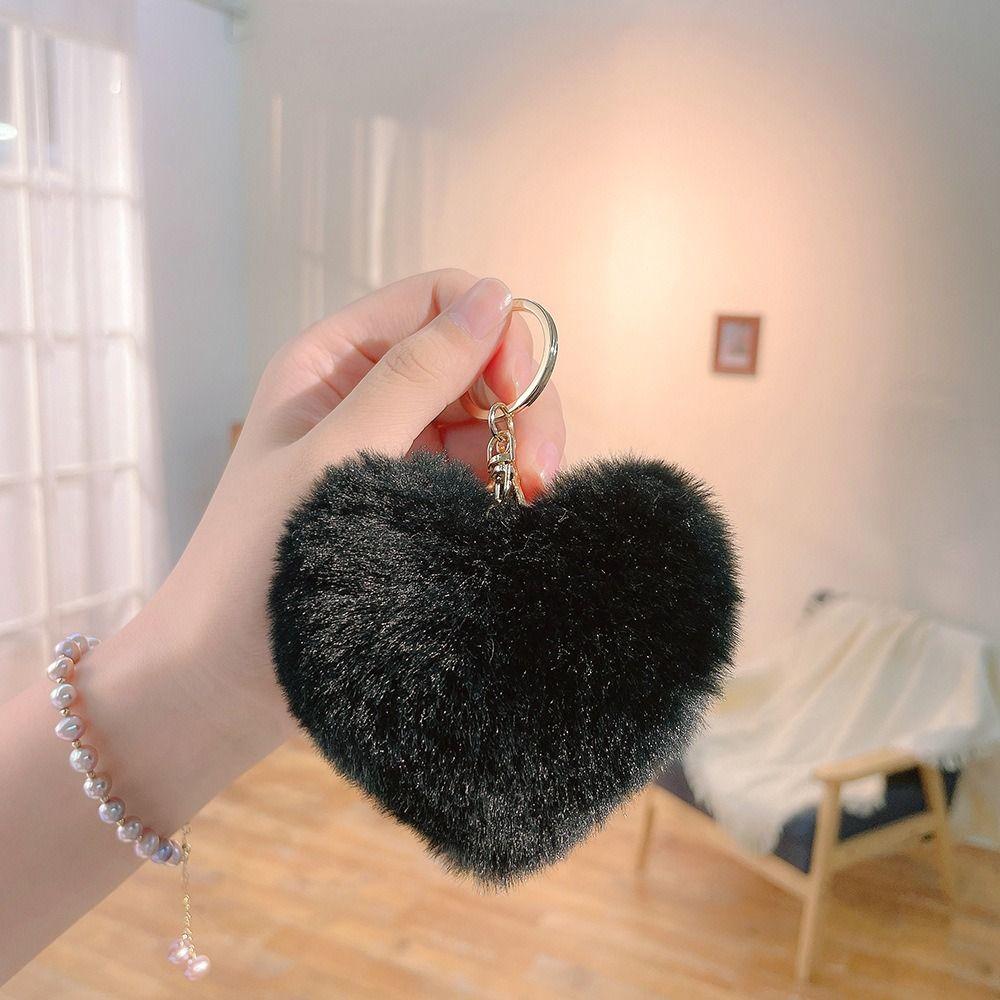 Love Heart Plush Bag Pendant Fluffy Ball Car Key Ring Imitation Rabbit Fur Solid Color Key Chain Bag Accessories