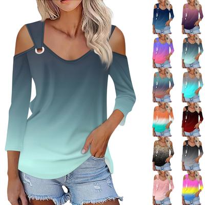 Dámská ležérní košile halenka s potiskem výstřih do V Sexy top se studeným ramenem, 3/4 rukáv