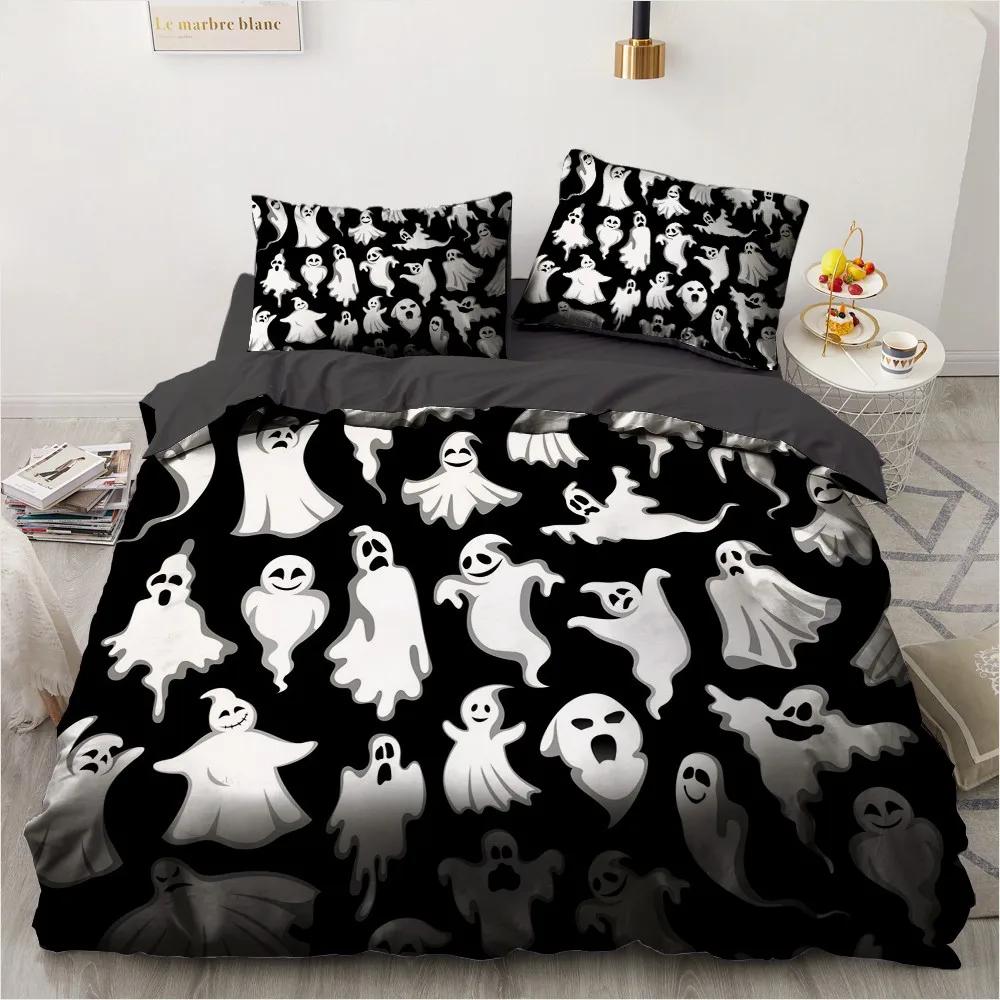 Halloween King Queen Duvet Cover Kawaii Black Cartoon Dryad Ghost Bedding Set For Kids Boys Pumpkin 2/3Pcs Polyester Quilt Cover