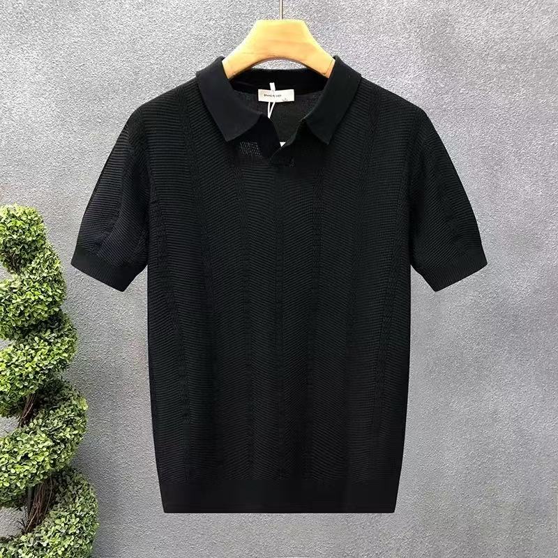 Americká retro volná texturovaná pletená polokošile pro muže Letní retro tričko s límečkem, prodyšné, ve stylu old money, s krátkým rukávem