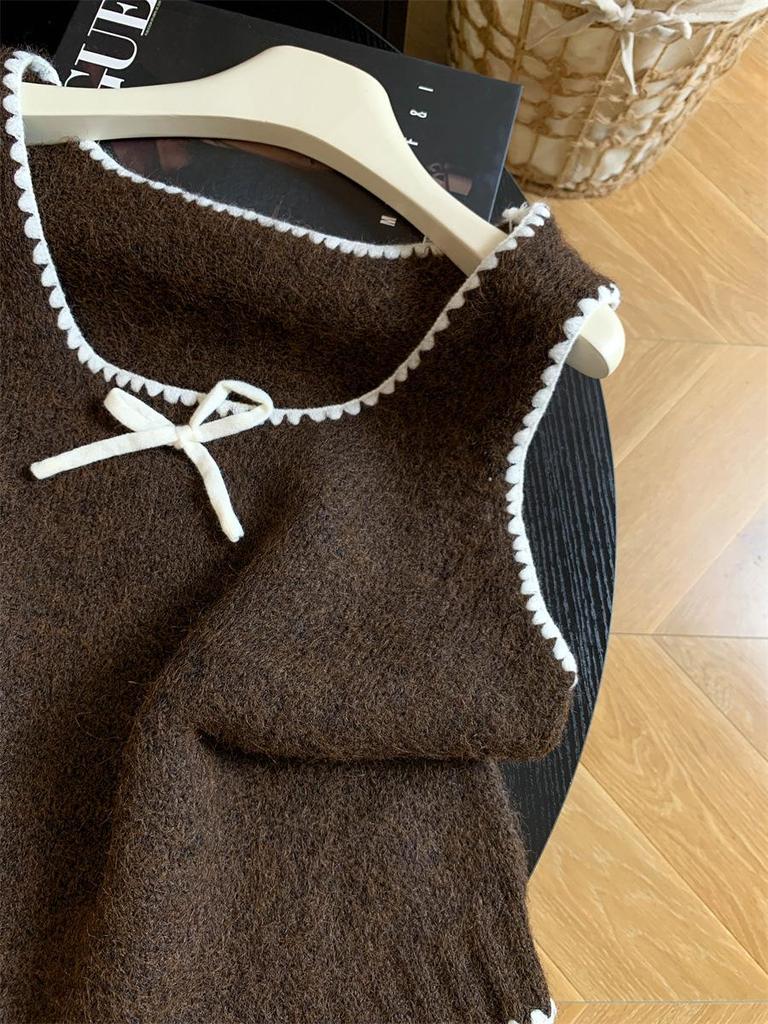 Women's French Color Block Bow Knit Vest - 2026 Autumn Sleeveless Layering Top