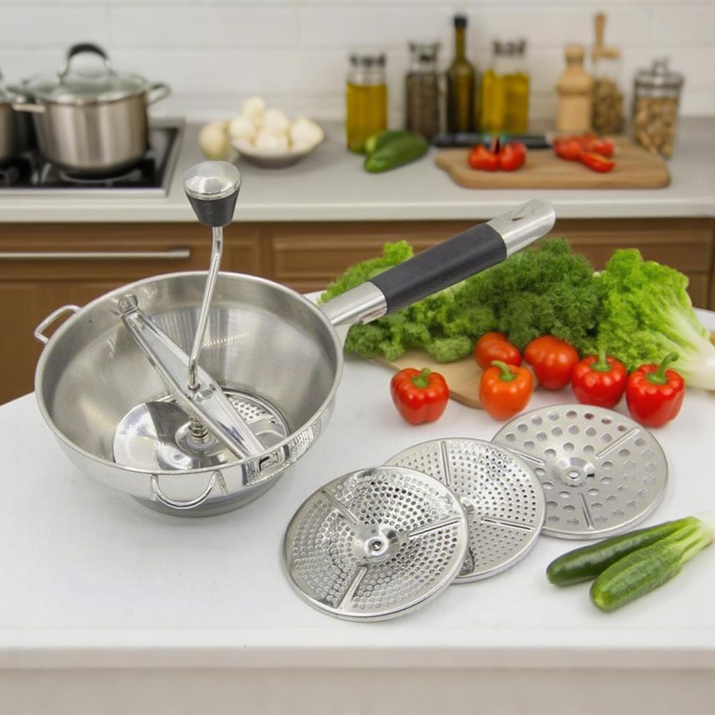 Manual Potato Masher Food Grade Stainless Steel Potato Masher Multifunctional Masher with 3 Replaceable Grinding Discs forTomato