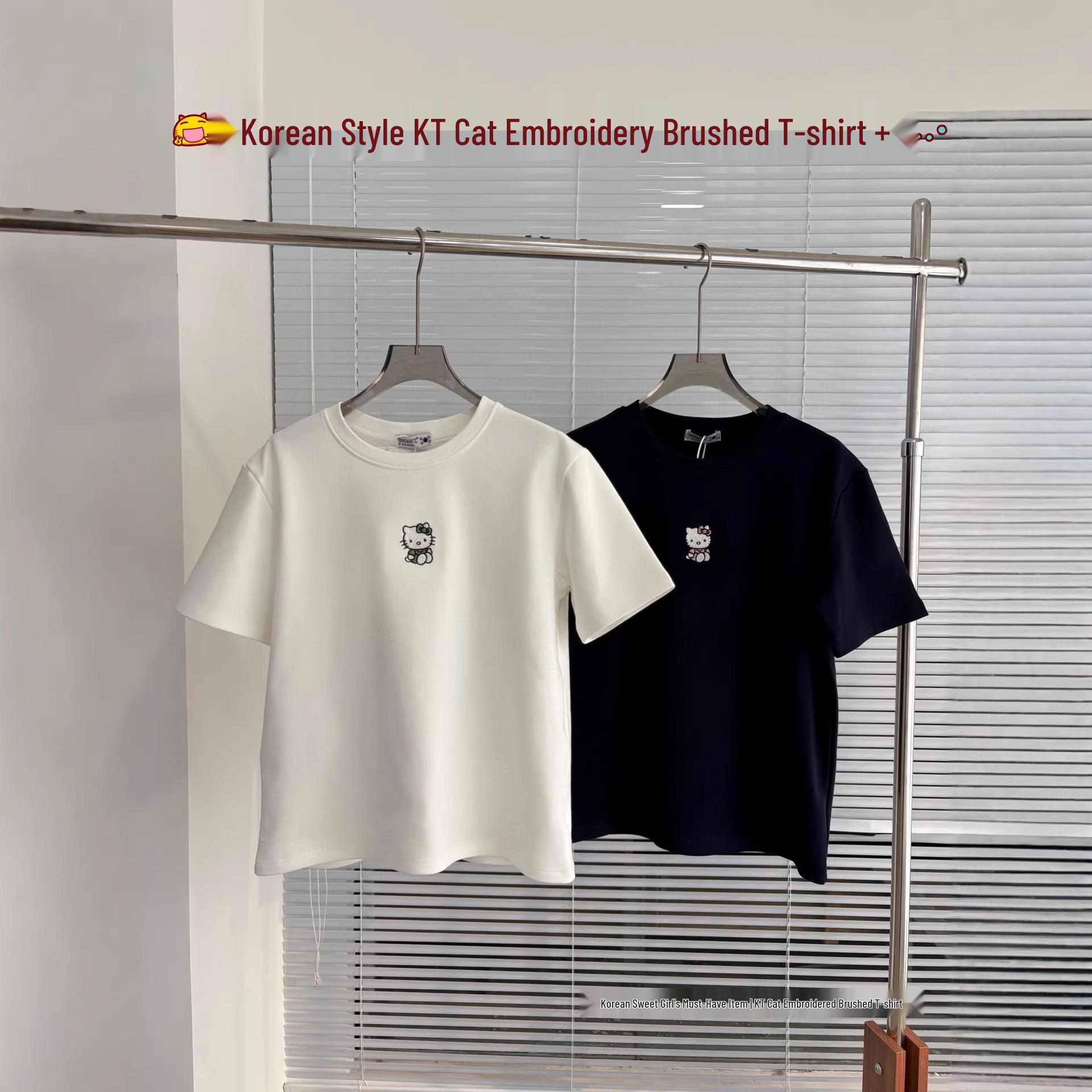 Korean Cartoon Cat Embroidered Cotton T-Shirt - Age-Reducing, Skin-Friendly Short Sleeve M белый