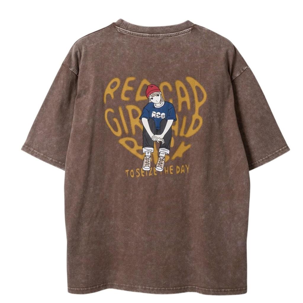 Cap Printed Wash Unisex RE26SU04 BROWN XL [Red Girl] Short-Sleeve T-Shirt (Snow Finish) / /