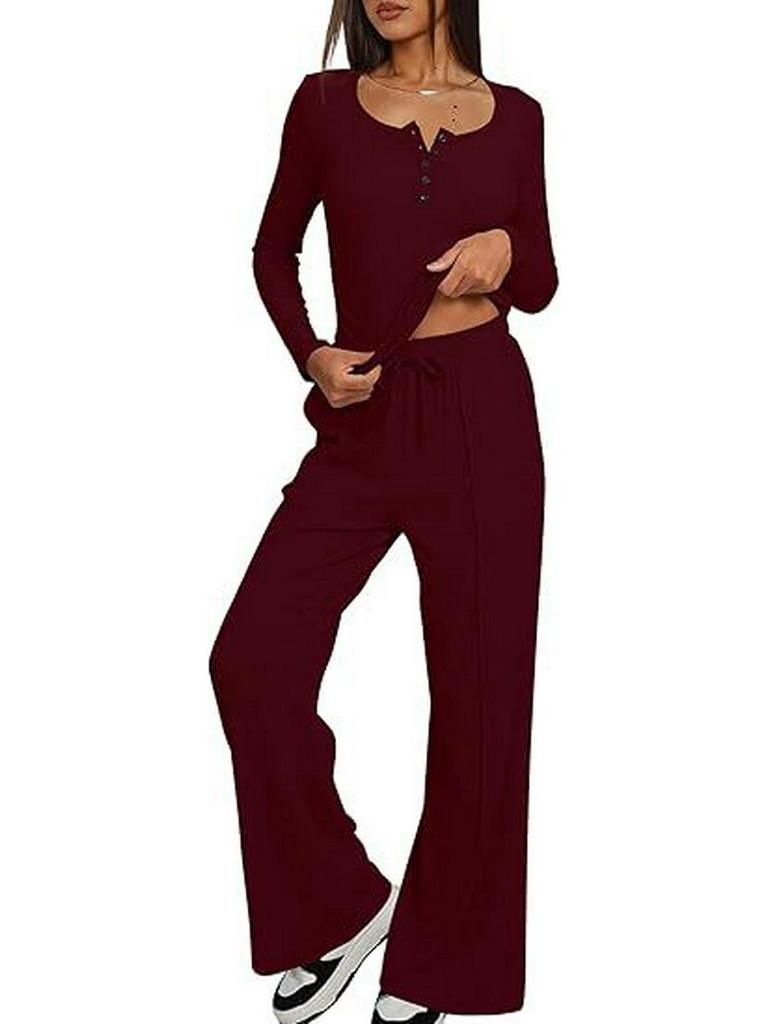 European & American Women's Solid Color Long-Sleeve Two-Piece Button Round Neck Pants Set