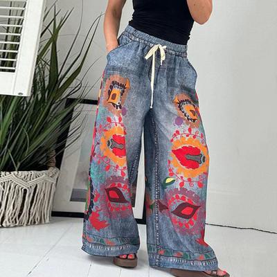 Women Pants Drawstring Exaggerated Printed Imitation Denim Design Wide-Leg Trousers Elastic Waist Pants with Pockets