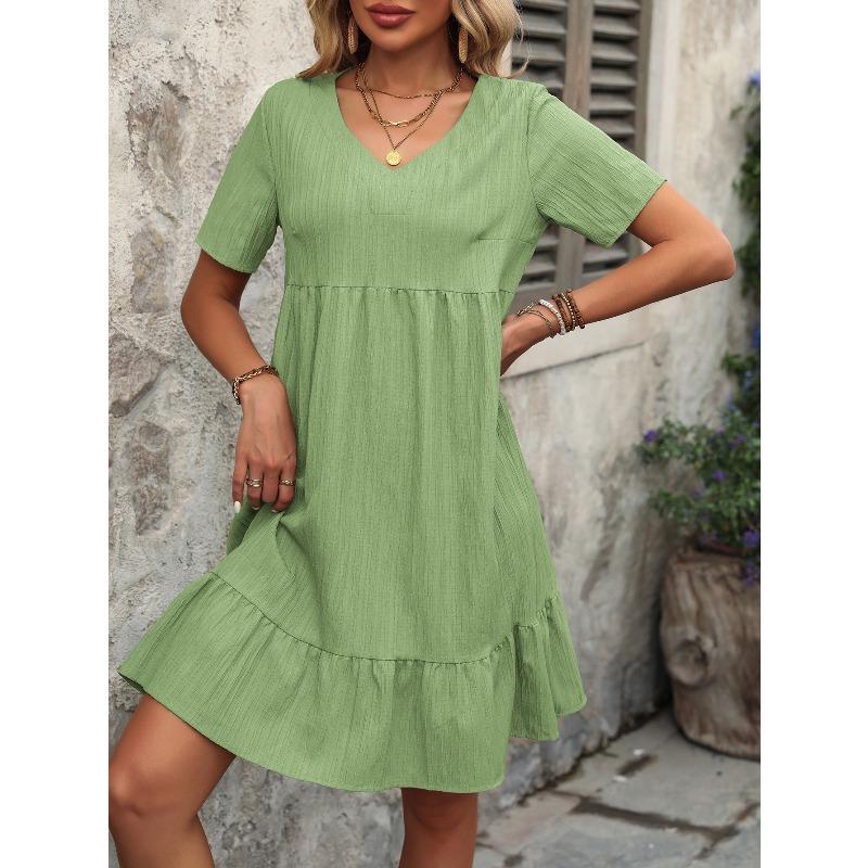 Women's Dress Summer Short Sleeve V Neck Loose Casual A Line Beach Vacation Dress Women Fashion Elegant Pleated Solid Color Ladies Bohemian Dresses
