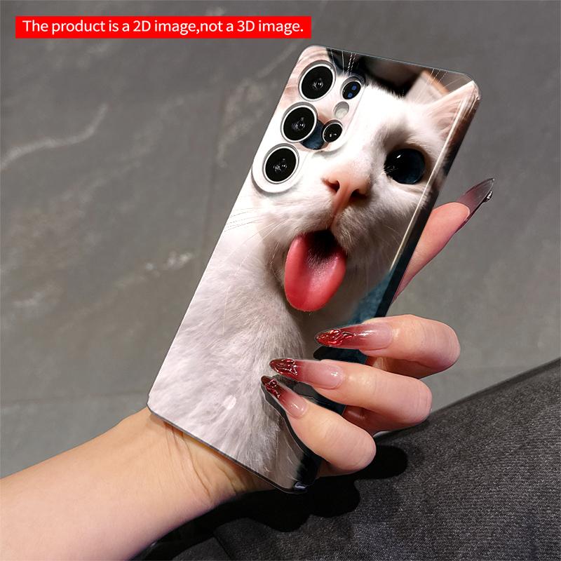 2DFlat Samsung Phone Case White Cat with Blue Eyes and Tongue Out Applicable To Galaxy S23 S24 S25ULTRA S26 A12 A14 A15 A16 A54 A55