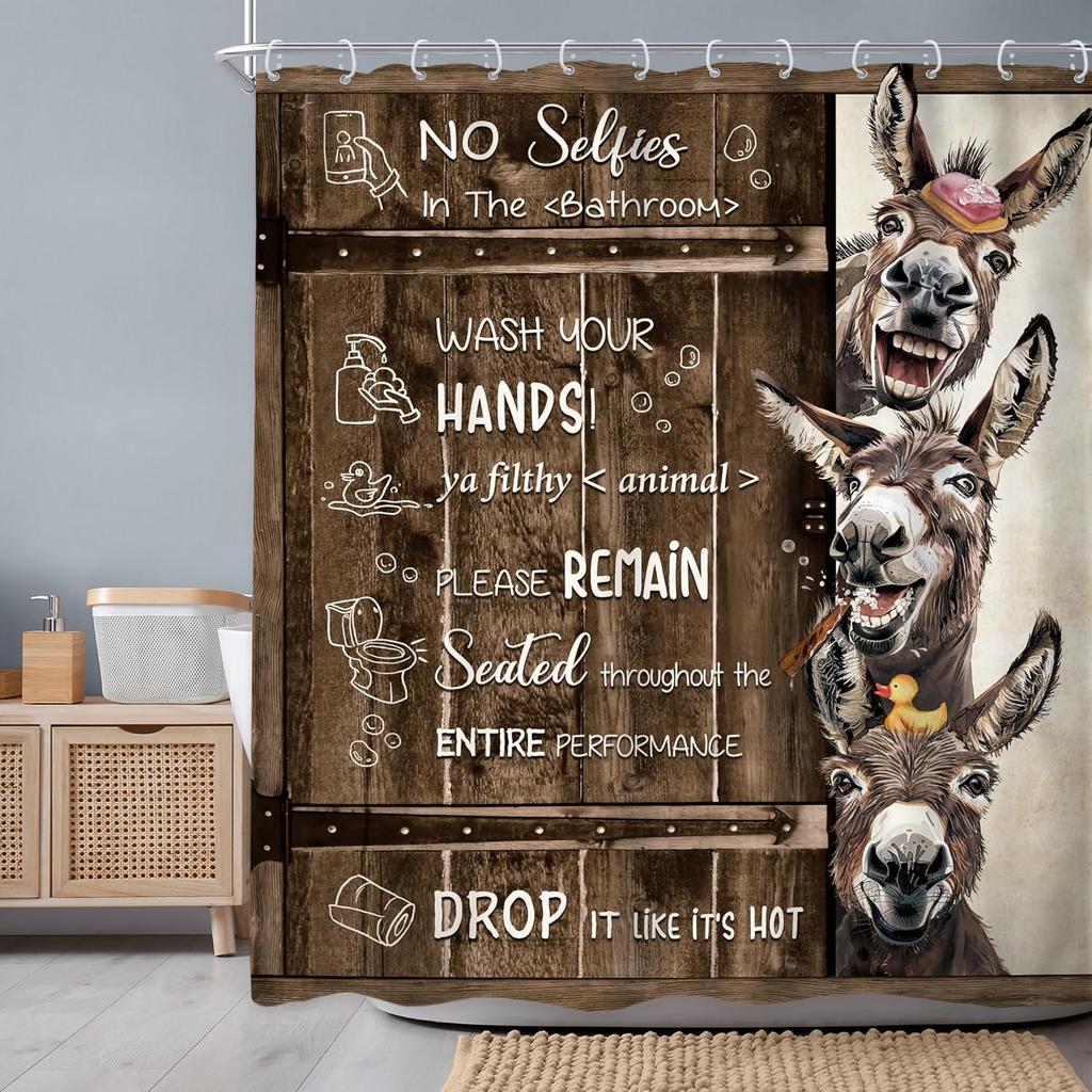 Funny Cow Shower Curtain with Western Bull & Donkey Design – Rustic Barn Door Farm Animal Bathroom Decor