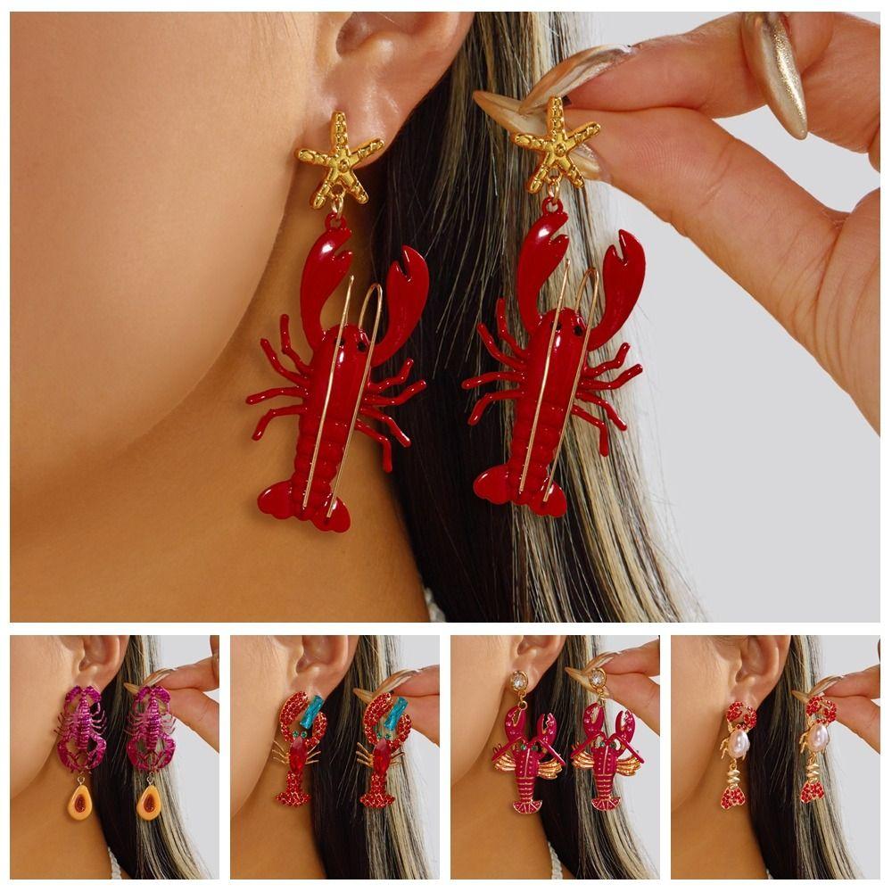 Exquisite Lobster Earrings Enameled Metal Ear Jewelry Cute Animal Earrings for Girls Ladies