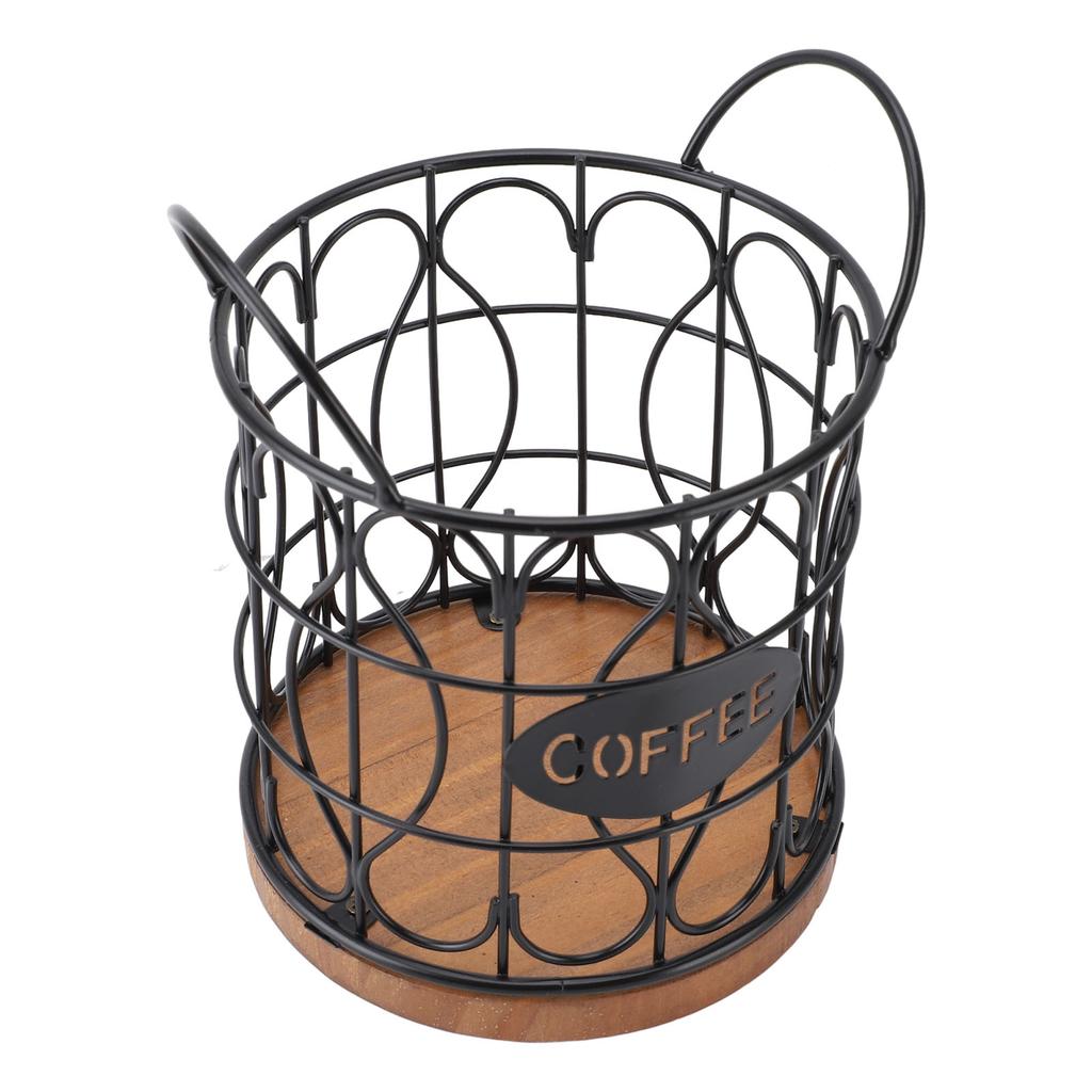 Coffee Pod Basket Decorative Round Wire Coffee Capsule Holder with Wooden Base for Cafe Kitchen Countertop