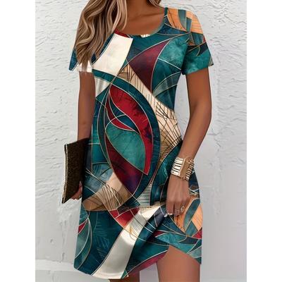 Ladies' Casual and Elegant Geometric Printed T-shirt Skirt - Short Sleeved Round Neck Summer Dress