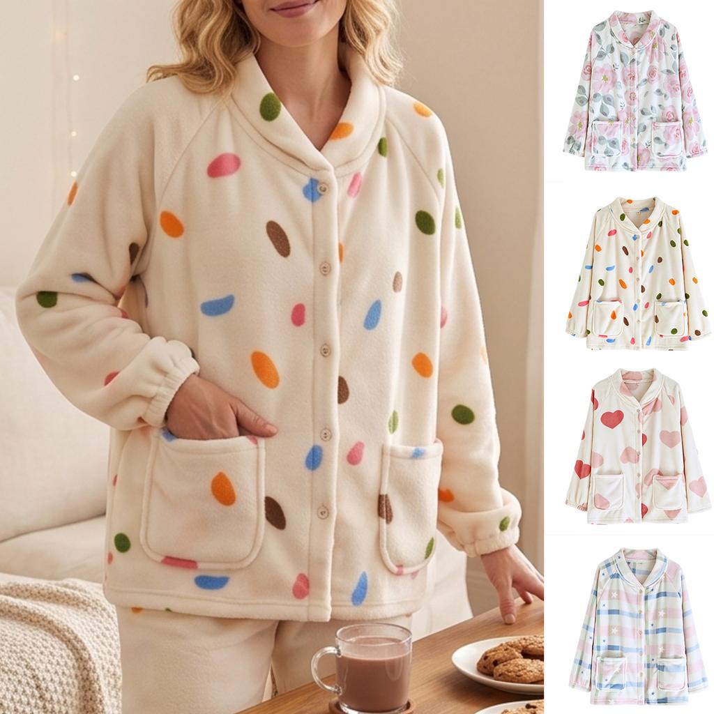 Women's V-Neck Cardigan Pajama Top Long Sleeve Thick Loose Fit Loungewear Sleep Shirt