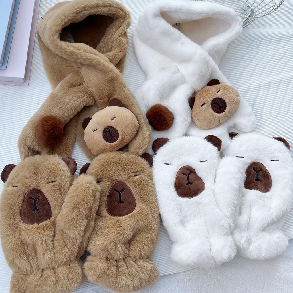Lovely Plush Capybara Cartoon Scarf and Glove Set for Warmth Stylish Winter Wear Handwear and Neck Gaiter for Women Kids