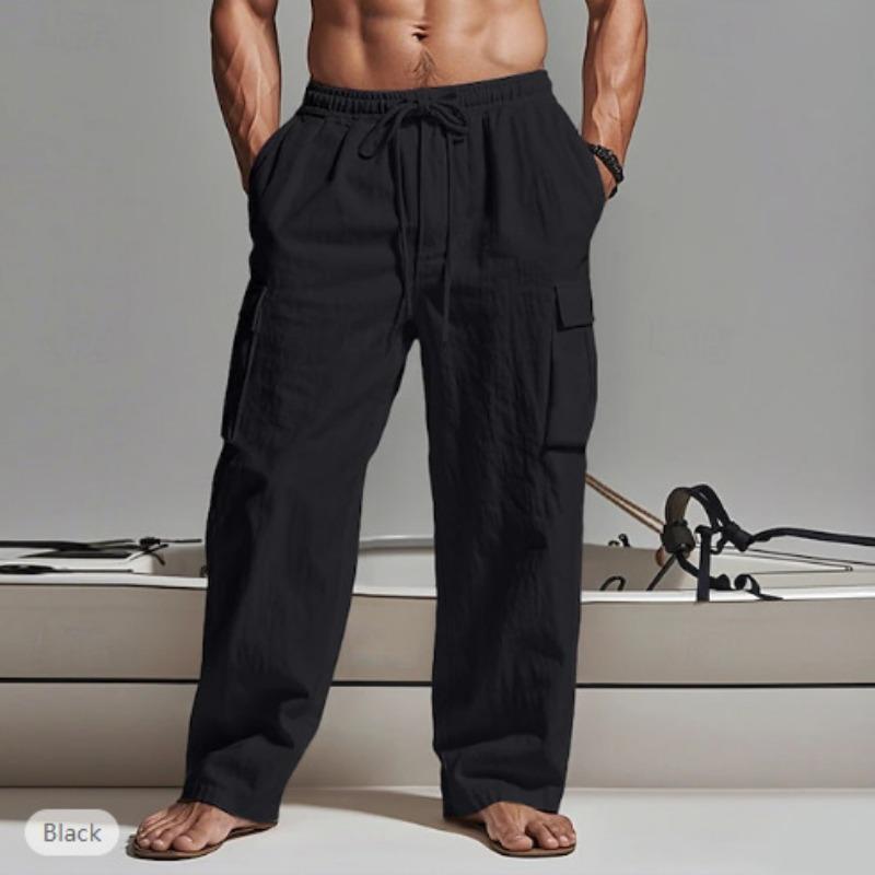 Men Drawstring Elastic Waist Linen Cotton Loose Wide Leg Casual Cargo Long Pants S