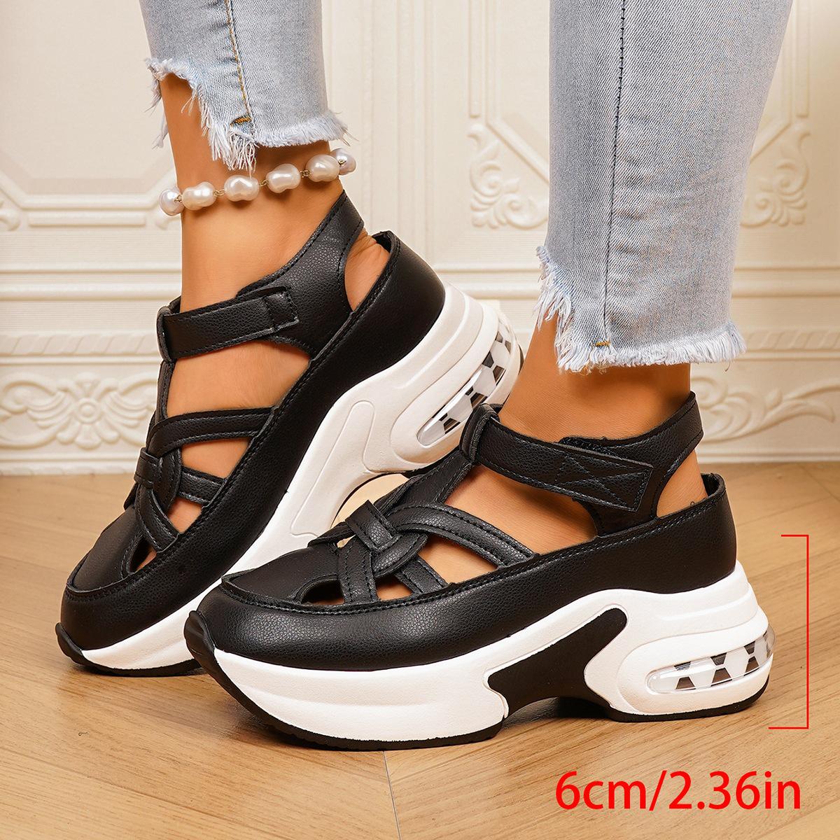 Women s Plus Size Cross-Strap Wedge Sandals - Thick Sole Velcro Roman Style for Summer 38 чёрный