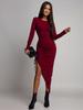 European American Sexy Slimming Solid Color Hip-Hugging Dress - Long Sleeve, Round Neck, Drawstring, Slim Fit.