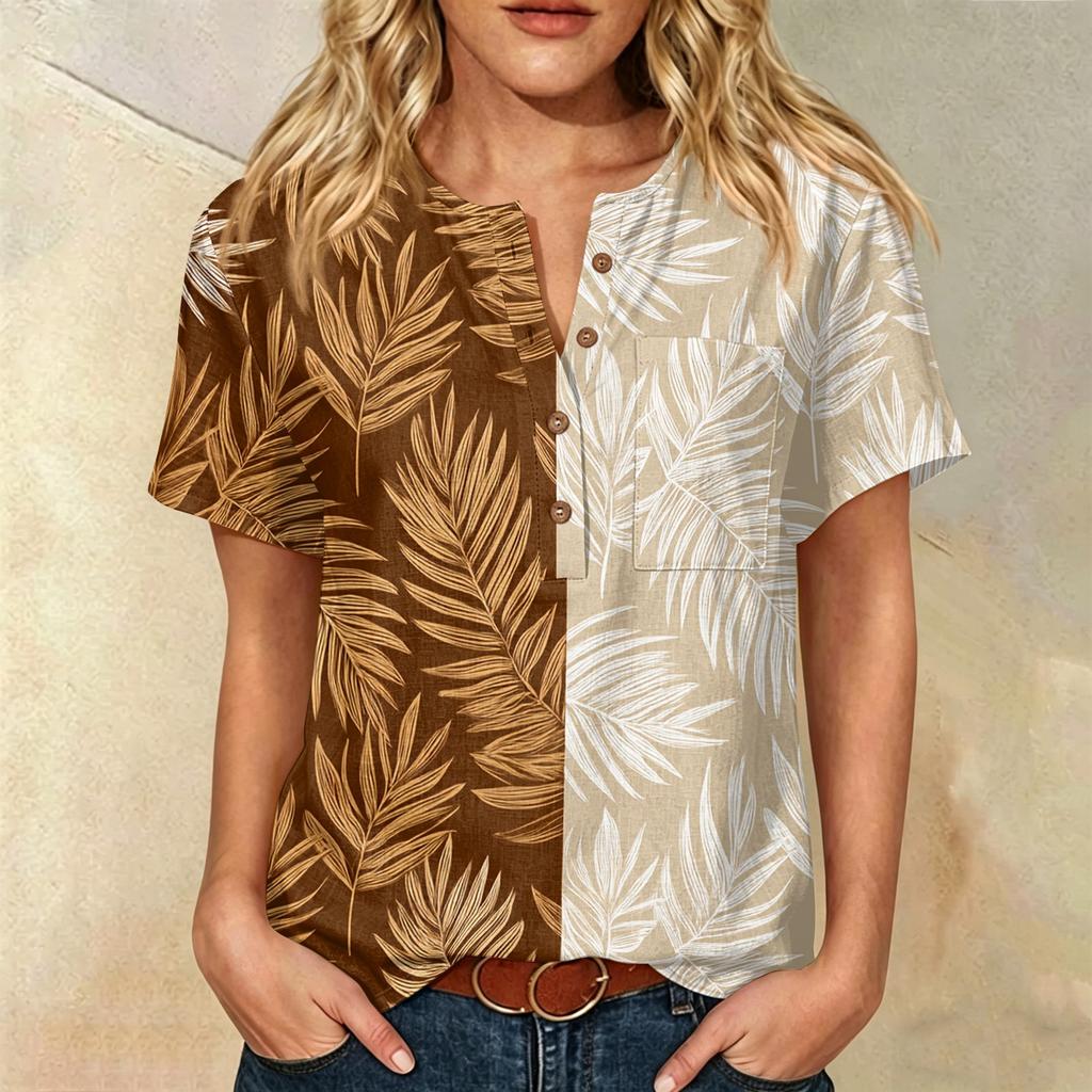 Damen Kurzarm Henley-Hemd mit Brusttasche Leichte Baumwoll-Leinen-Mischung Tropischer Print Lässiges Sommeroberteil