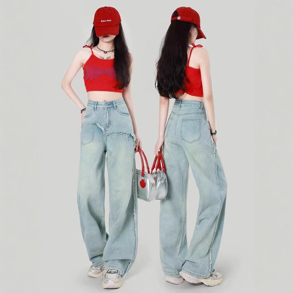 

Plus Size High-Waist Light Color Jeans for Women - Loose, Slimming, Floor-Length, Wide Leg Pants 4X Large