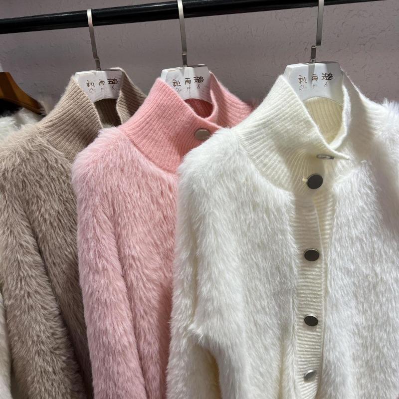 2025 Women Fur Faux Knitted Cardigan Sweater Jacket Korean Style Womens Sweaters Autumn Female Clothes Vinatge Knitwear V Neck Outfits