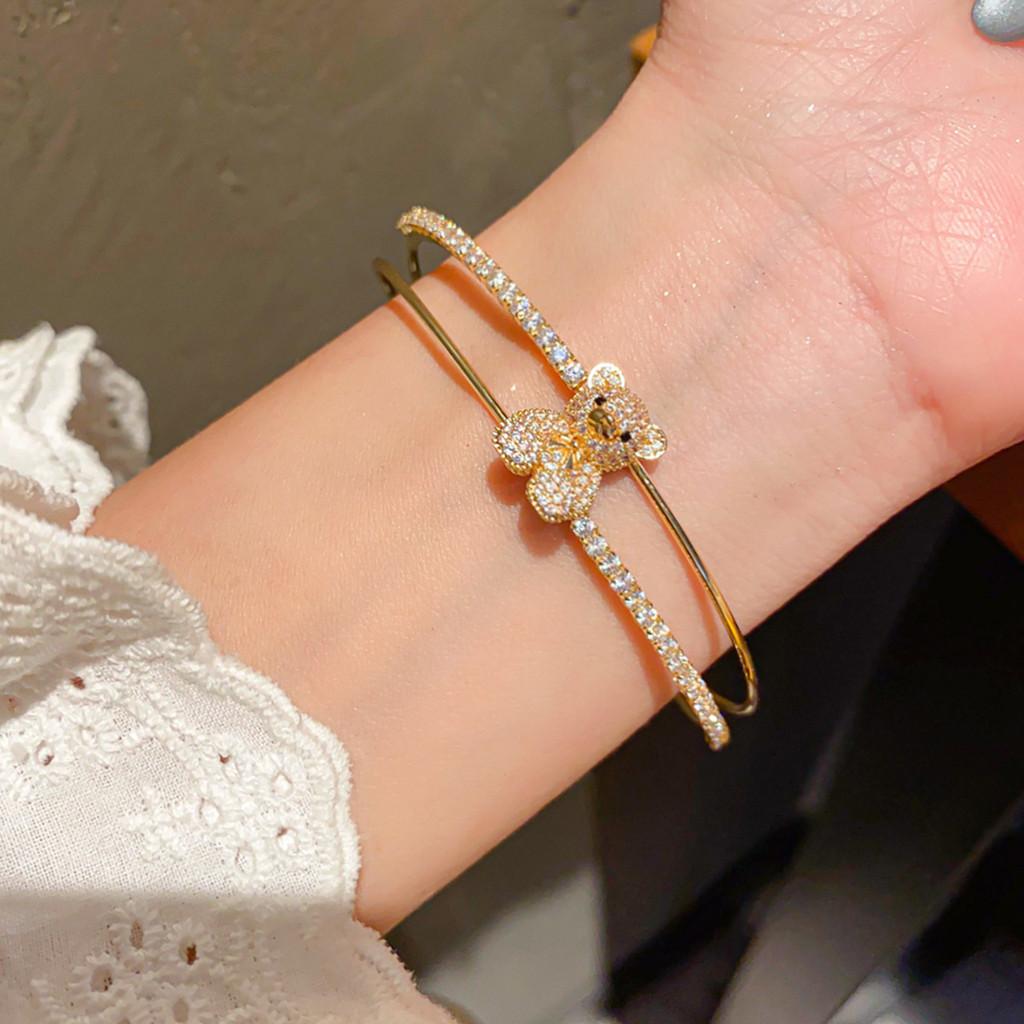 Small Bear Zircon Doublelayer Open Bracelet With Cubic Zirconia For Fashionable Women