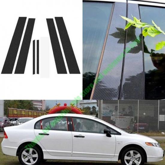 For Honda Civic 2006-2011 PC Carbon Fiber Window Center BC Pillar Cover Trim 6Pc