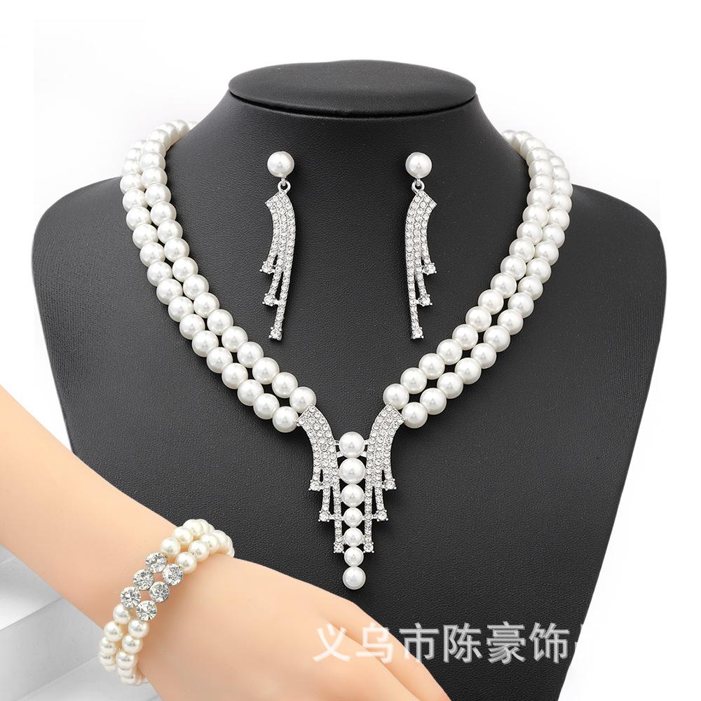 Jewelry Pearl Set Necklace Earrings Bracelet Three-piece Dinner Dress Jewelry Set Versatile