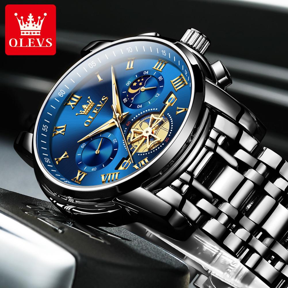 OLEVS Top Original Quartz Men's Watches Classic Roman Scale Dial Moon Phase Waterproof Luminous Luxury Wrist Watch for Male
