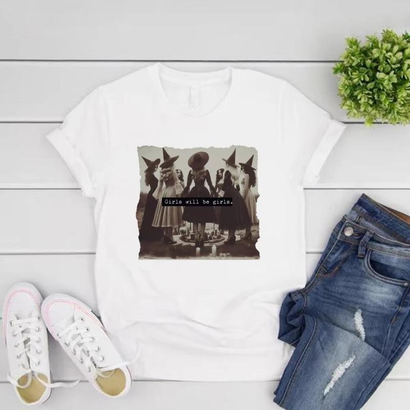 Vintage Girls Will Be Girls Witch T Shirt Funny Witch Tshirt Halloween Women Shirt Short Sleeve Streetwear Tee Witchy Vibes Top