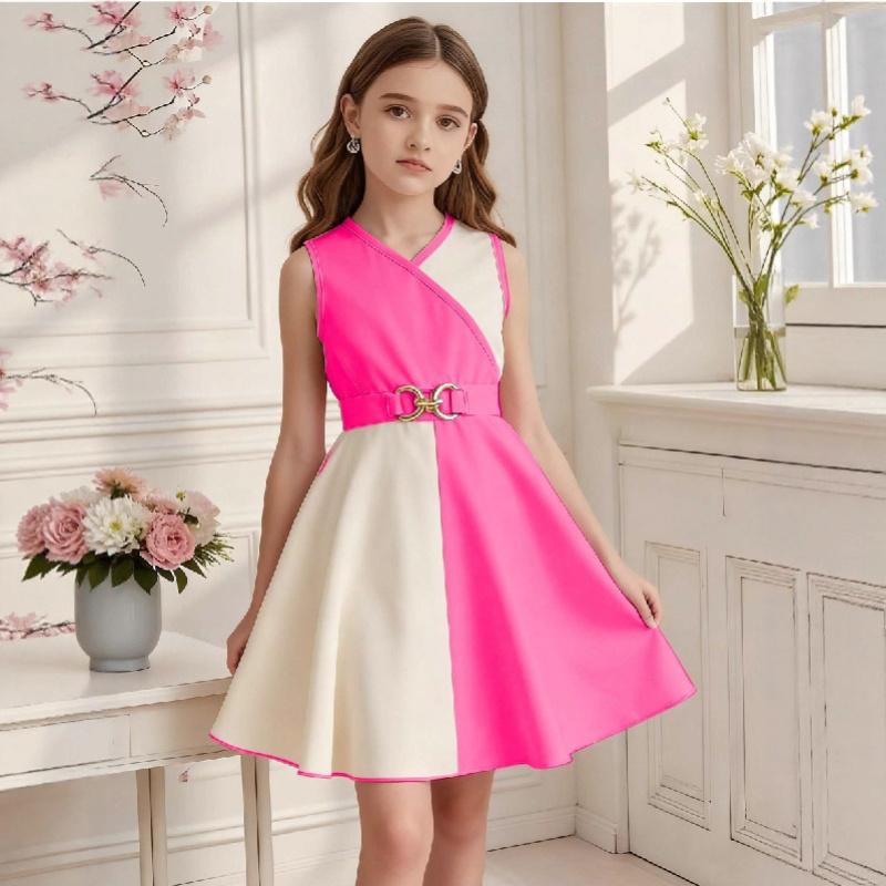 

Summer New Girls Retro Style Sleeveless Dress Multi-Color Contrast A-Line Dress Fashionable Elegant Princess Dress темно-рожевого кольору