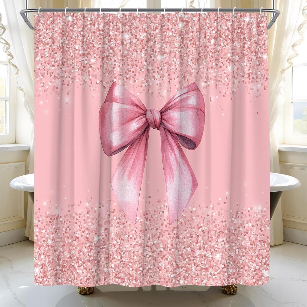 Black Bow Shower Curtain Fashion Girly Grey Shimmer Sequins Bowknot Dreamy Party Fabric Bathroom Curtain Set with Hooks