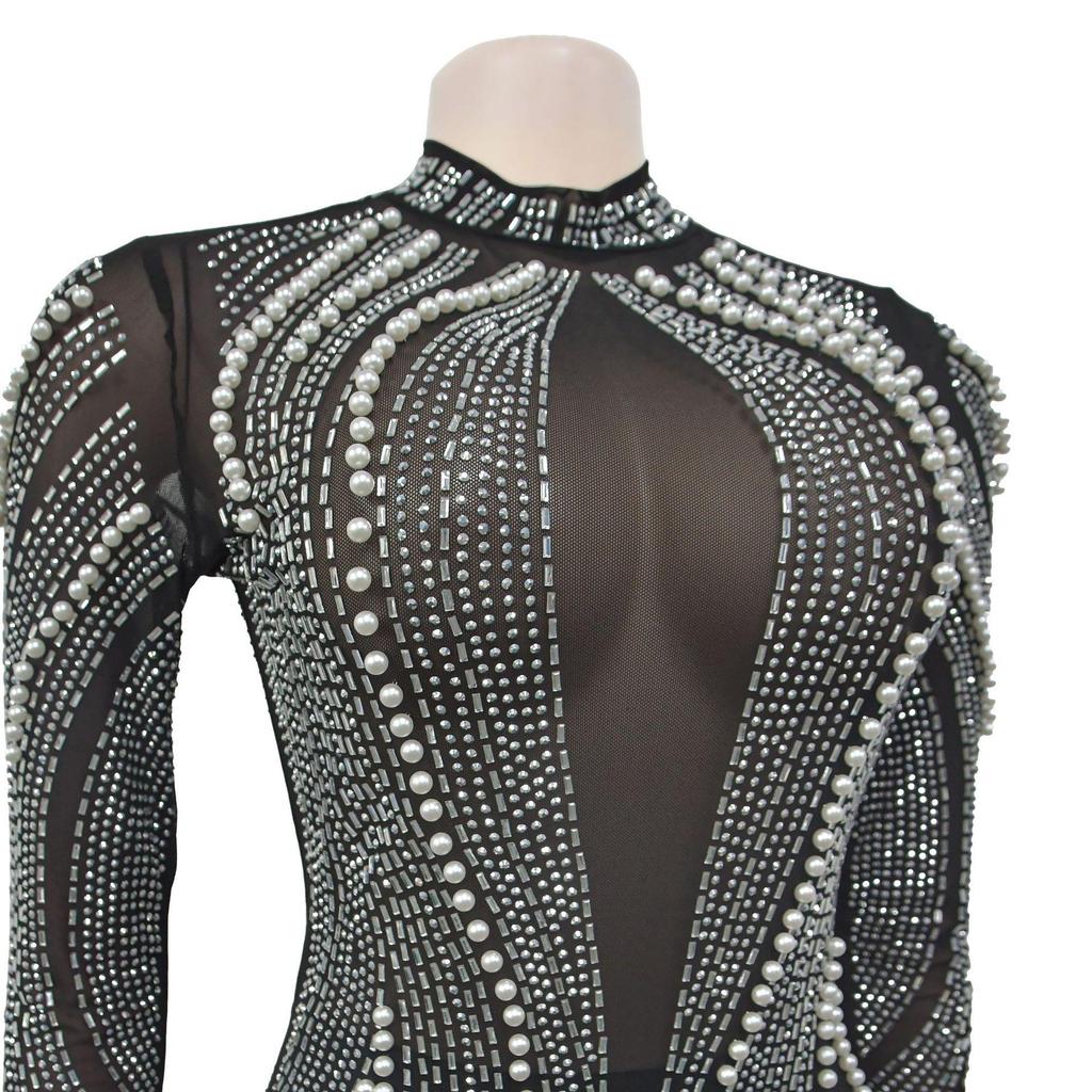 Abito da donna trasparente in rete con strass e perline - Stile europeo americano