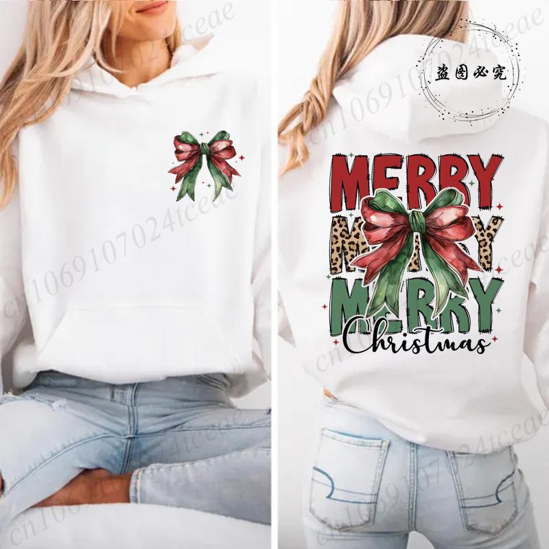 Coquette Christmas Casual Women's Hoodies Leopard Merry Christmas Print Sweatshirts Fleece Warm Pullovers Autumn Streetwear