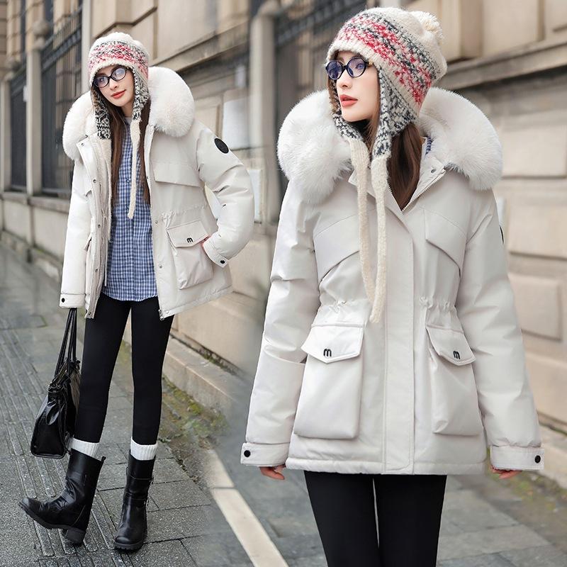 Women Short Medium Length Down Jacket Winter Warm Stand Collar Solid Color Casual Outerwear Coat