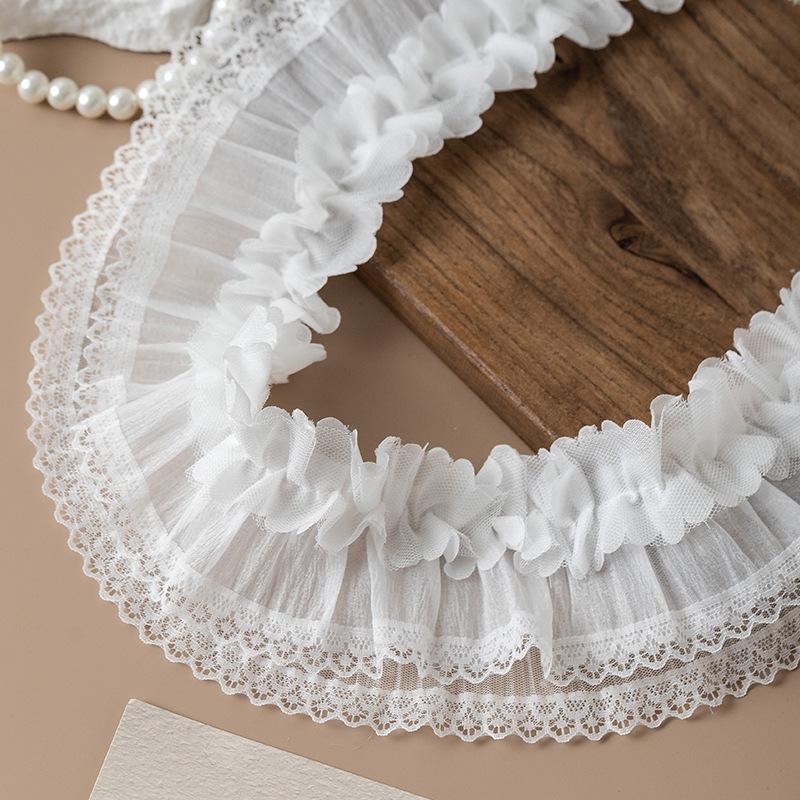 7.5cm Black & White Double-Layer Pleated Chiffon Lace Trim for Neckline, Cuff, and Hem Decoration.