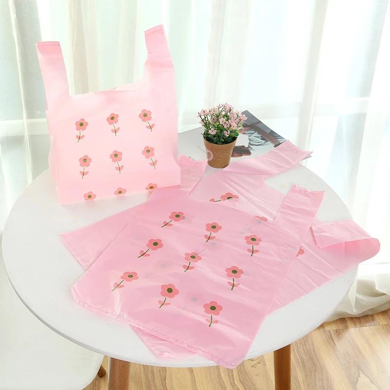 50pcs Disposable Peach Fruit Pattern Hand Bag Packaged Flower Takeaway Bags Snack Double Ear Plastic Vest Handle Shopping Pouch