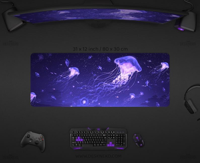 Jellyfish Desk Mat Anime Aesthetic Mouse Pad Space Ocean Purple XXL Large Gaming Deskmat Rgb Led Light Glow Big Long Mousepad