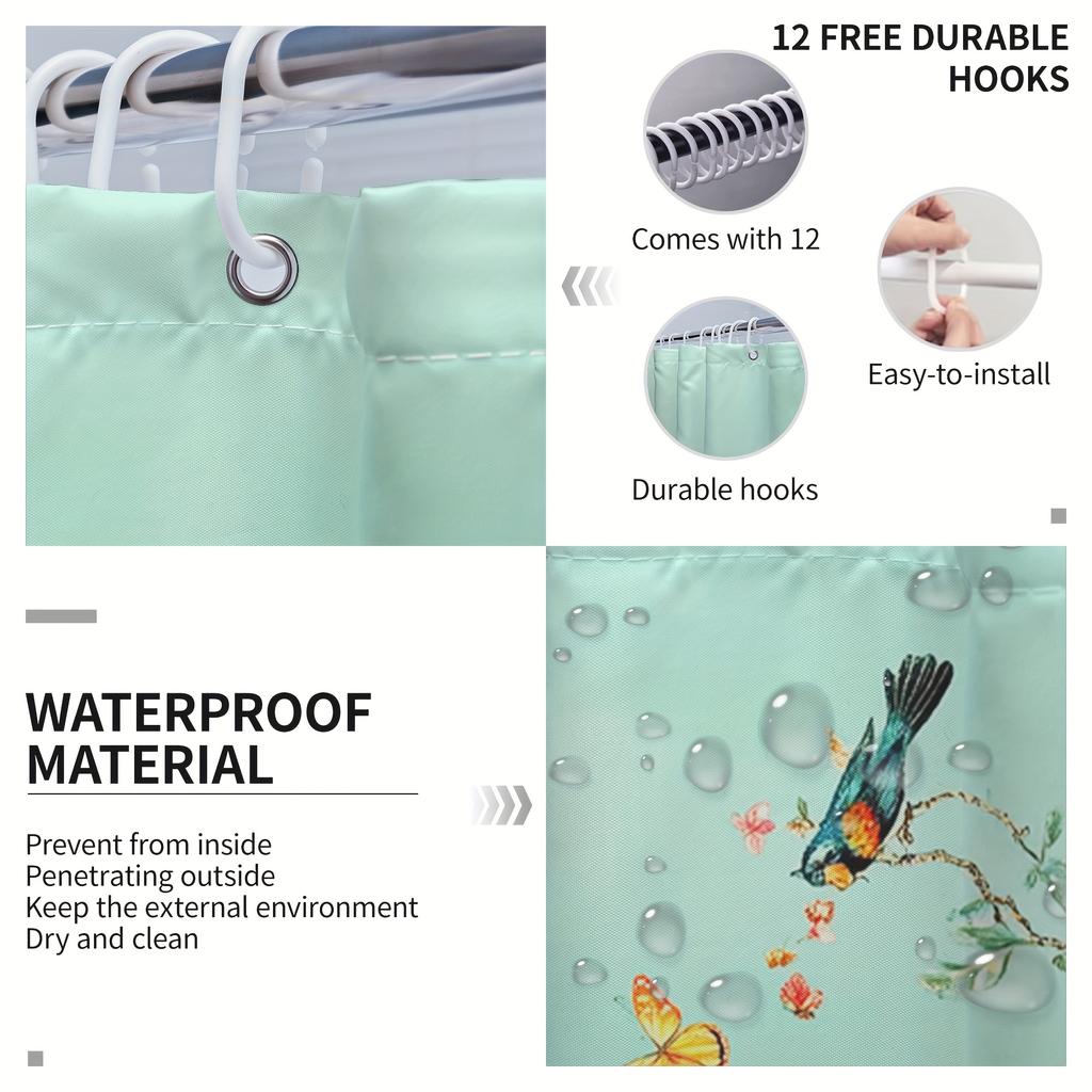 Set 4 buc. Perdea de Duș de Lux cu Flori, Păsări și Fluturi, Impermeabilă, Set Decorativ pentru Baie, Covor Antiderapant, Husă pentru Toaletă, Covoraș de Baie și 12 Cârlige