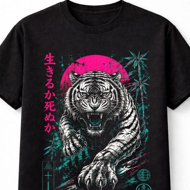 Japanese Tiger Live Or Die Samurai Warrior Neon Graphic Unisex TShirt S