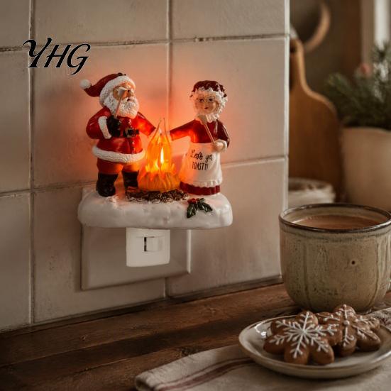 Festive Santa Bonfire Lamp Christmas Night Light, Claus Grandma Resin LED Soft Glowing Light for Kids Bedroom, Plug-in Ambient Lighting Home