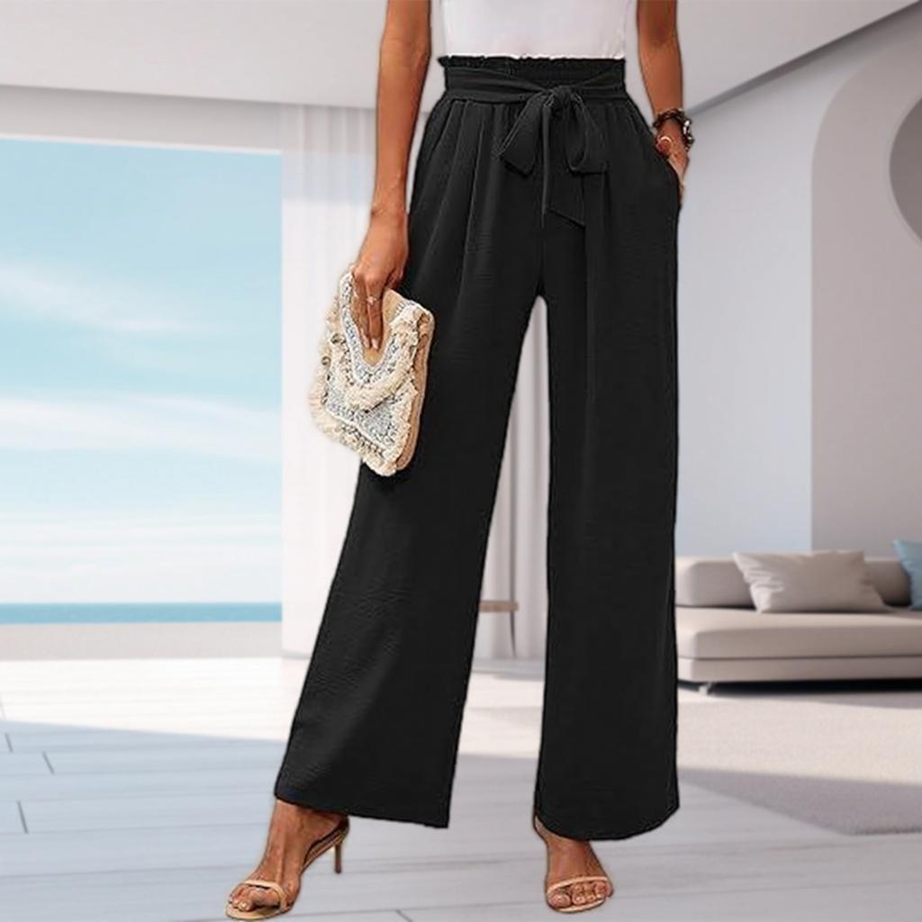 Women's High-Waisted Wide Leg Pants with Pockets - Color Casual Loose Fit Trousers for Daily Wear