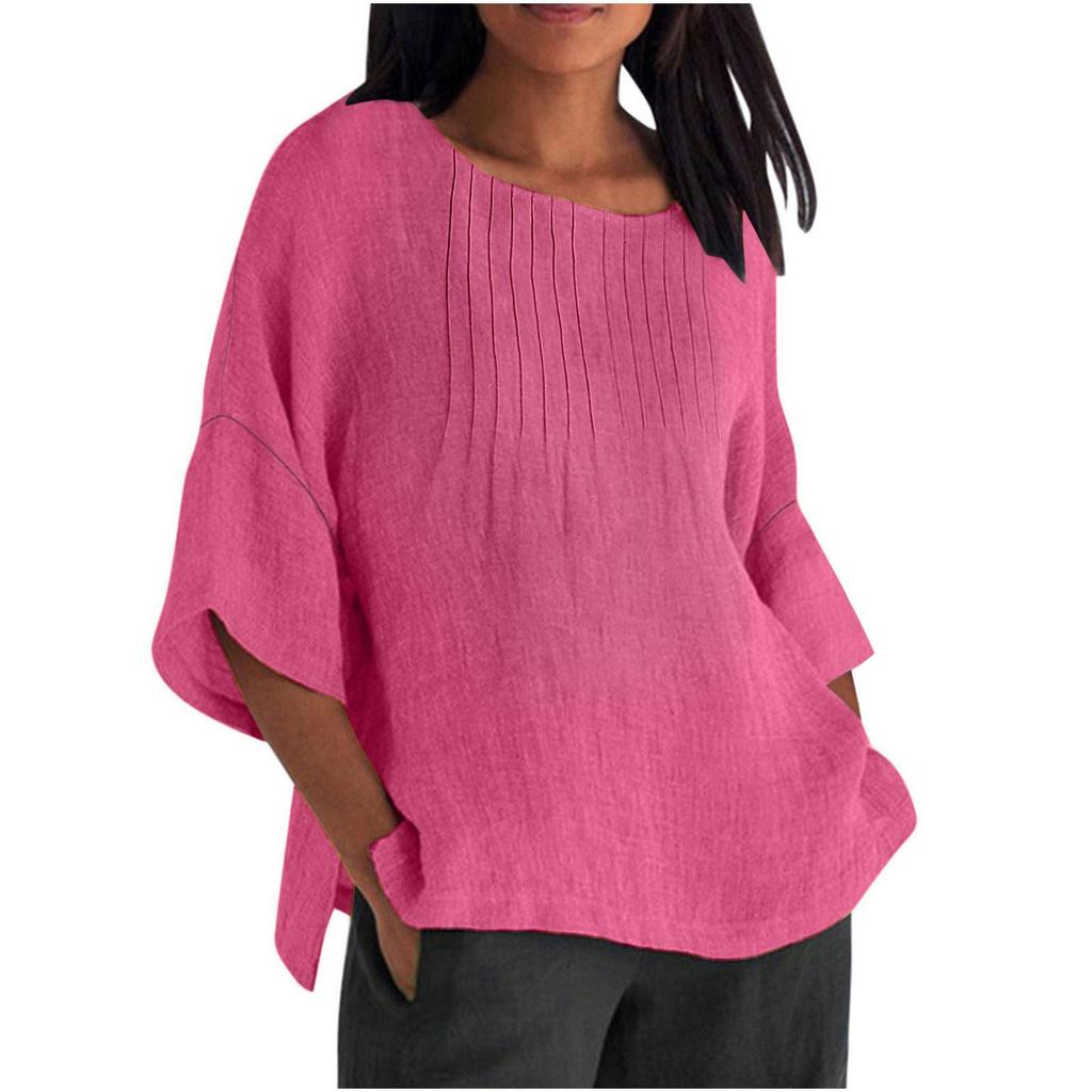 Seven Quarter Sleeve Pleated Round Neck Top Cotton and Linen Women’s Blouses & Shirts