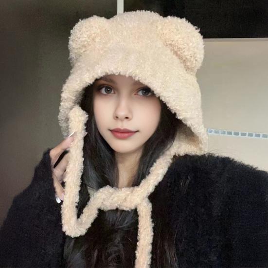 Winter Cute Bear Ears Knit Hat for Women Fuzzy Slouchy Crochet Hat Soft Plush Warm Hat with Ear Flap