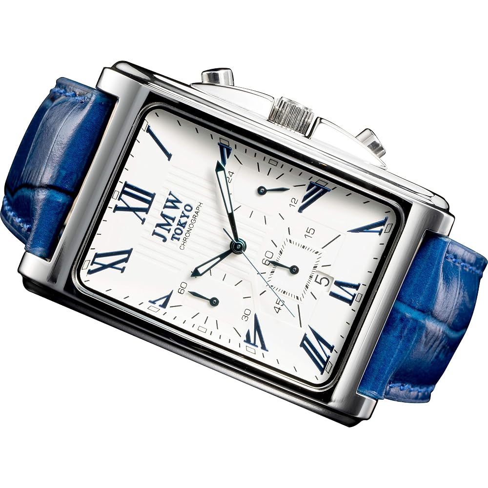 [JMW TOKYO] Men s Square Watch, White & Blue Watch, Square Rectangular, Men s Chronograph, Limite...